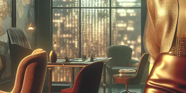 A glamorous adult entertainment scene featuring a confident woman in an elegant office, exuding allure and charm.