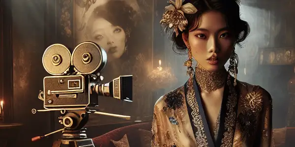 An elegant actress in a luxurious film studio setting, exuding confidence and allure amidst rich colors and intimate lighting.