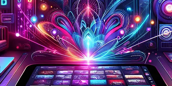 A sleek, modern tablet interface displaying diverse adult video thumbnails in a cozy, inviting atmosphere.