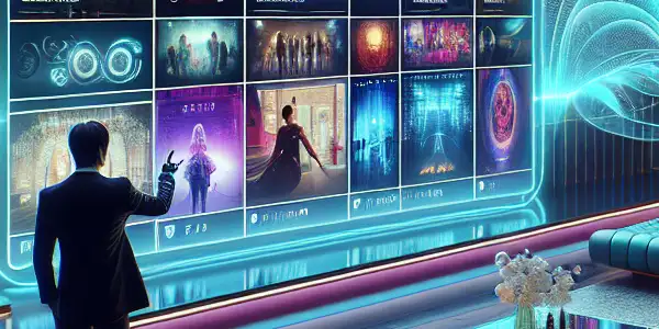 A modern, upscale digital interface displaying vibrant thumbnails of Asian adult films in a sophisticated lounge setting.