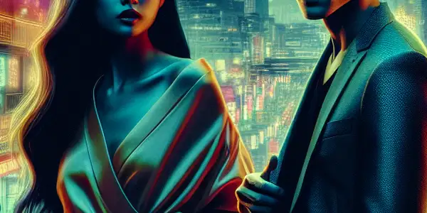 A confident Japanese woman and intrigued Korean man share a romantic moment in a vibrant, neon-lit urban setting.