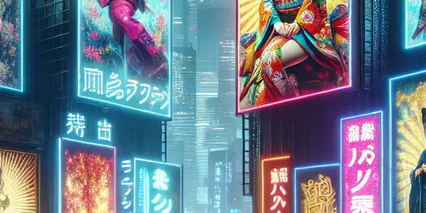 A vibrant futuristic cityscape at night, showcasing diverse characters and neon billboards celebrating adult entertainment and Japanese culture.