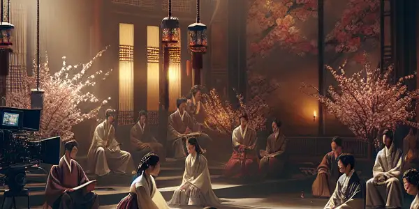 A dimly lit film studio featuring actors rehearsing emotionally charged scenes in elegant, culturally inspired outfits.