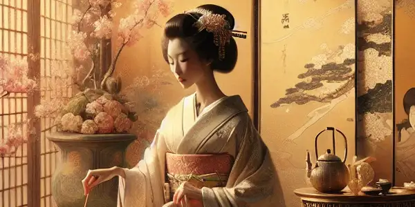 An intimate Japanese room with a graceful figure, delicate fabrics, and nature elements, evoking elegance and sensuality.