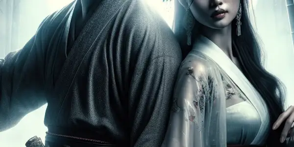 A mystical moonlit bamboo forest with a heroic male swordsman and a graceful female figure in traditional attire.