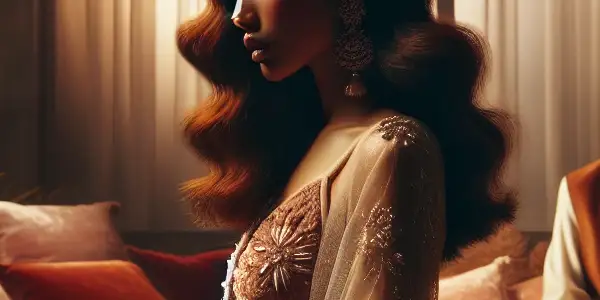 A female character in an intimate, dimly lit room, exuding compliance and allure amidst luxurious furnishings.