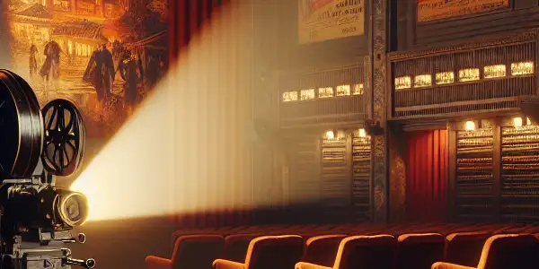 A vintage film projection room showcasing classic Japanese adult film imagery with warm, intimate lighting and nostalgic decor.