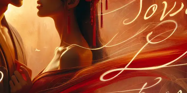 An intimate moment between two characters, surrounded by romantic elements and emotionally charged calligraphy in a serene setting.