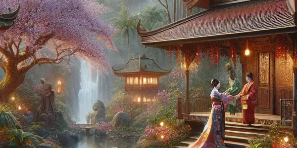 A serene garden blending Japanese and Thai aesthetics, featuring cherry blossoms, lush jungle foliage, and elegantly dressed characters.