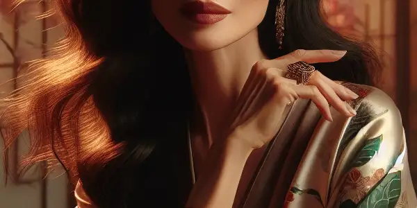 A mature Japanese woman in a silk kimono, surrounded by a serene setting with cherry blossoms and a tea set.