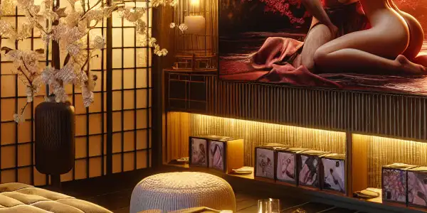 Luxurious viewing space with a plush sofa, high-definition screen, and intimate ambiance for adult entertainment.