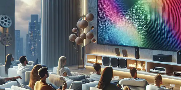 A luxurious home theater where diverse adults enjoy adult films in a warm, inviting atmosphere with modern amenities.
