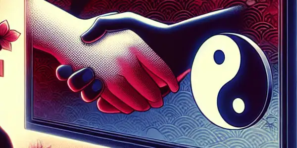 A dimly lit virtual room featuring a computer screen with BDSM visuals, cherry blossom motifs, and silhouettes of consenting individuals.