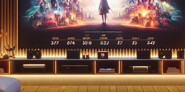 A cozy home media room featuring a large screen, plush seating, popcorn, and Japanese cultural decor.