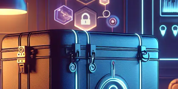 A futuristic storage box symbolizes security, surrounded by abstract digital files in a cozy, dimly lit room.