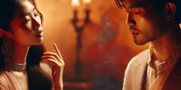 A romantic scene of a man and woman sharing a tender moment in a softly lit, intimate room.