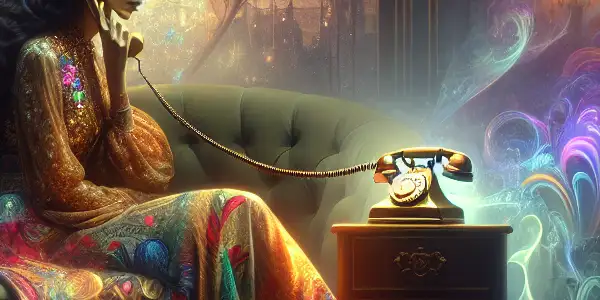 An elegant woman in a seductive outfit sits on a velvet sofa, engaged in an intimate phone conversation.