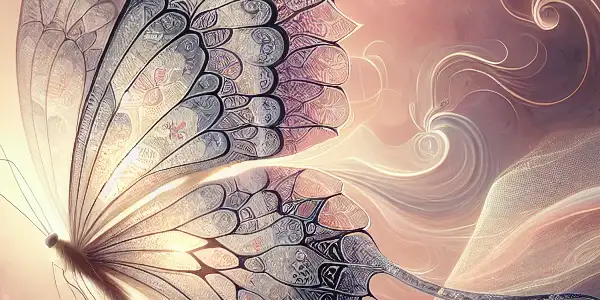An ethereal butterfly in a romantic, softly lit setting, surrounded by flowing fabrics and hints of intimacy.