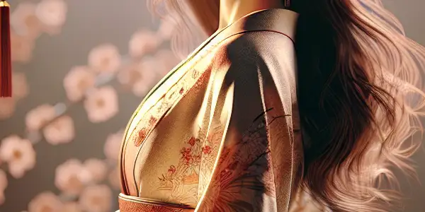 A captivating woman in a flowing kimono, exuding elegance and allure in a softly lit, romantic setting.