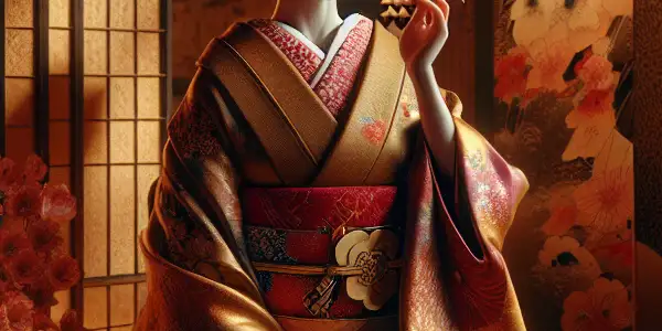 A graceful geisha dances in a traditional tea house, surrounded by cherry blossoms and intimate decor.