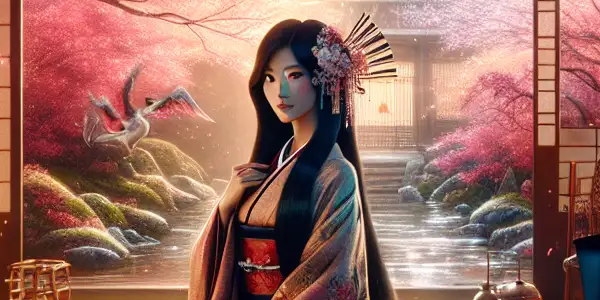 A serene Japanese tea house scene featuring a captivating woman in a kimono, surrounded by cherry blossoms and a koi pond.