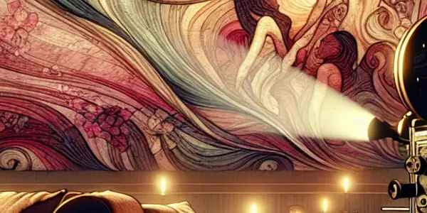 A dimly lit room with a vintage projector, displaying abstract colors of passion and intimacy, surrounded by Japanese decor.