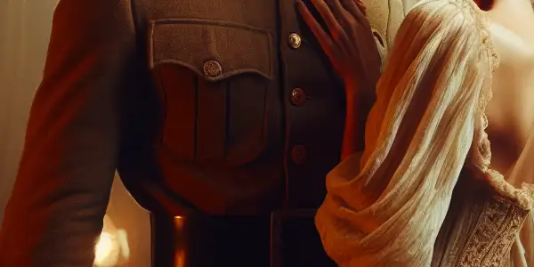 A military man and an elegant woman share a passionate, conflicted gaze in a dimly lit, intimate room.