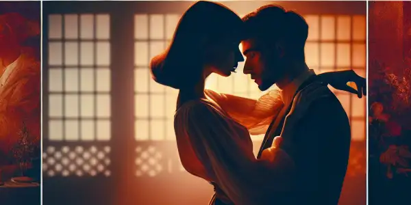 A romantic scene with a couple embracing in a dreamlike, intimate atmosphere filled with soft lighting and flowing fabrics.