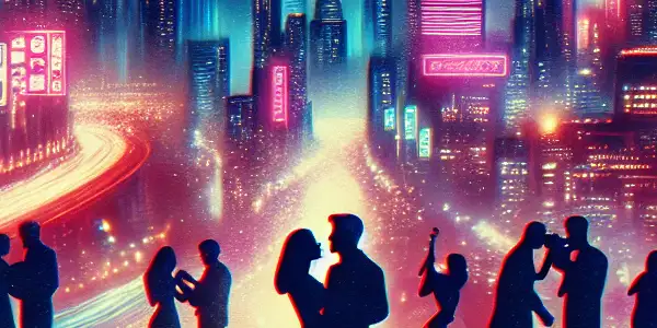 A vibrant urban night scene depicting intimate couples amidst neon lights, evoking romance and passion in an erotic cinematic atmosphere.